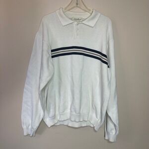 Eddie Bauer Men's XL Cream Long Sleeve Polo Sweater Striped Trim 1/4‎ Button
